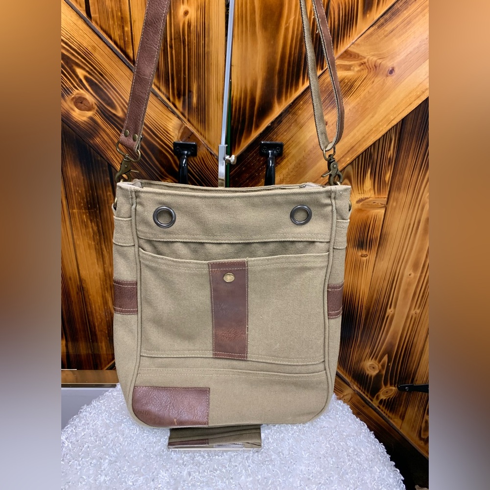 Canvas Crossbody Bag in Khaki with Brown Trim - Unbranded
